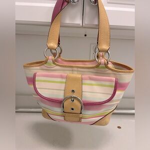 Vintage Coach Nubuck Multi Pink Stripe Flap Front Tote Handbag